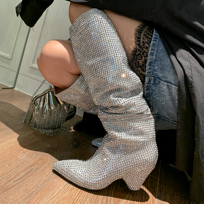 Street Fashion Ladies - Fashion Spike Heels Crystal Long Boots